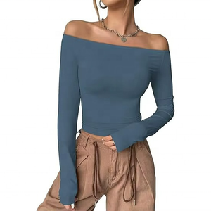 Camisetas para Mujer Estilo Europeo y Americano, Camiseta Sexy de Manga Larga con Hombro Descubierto, Blusa para Mujer - Product Image 1