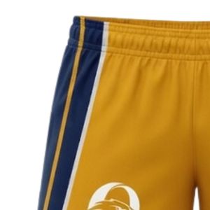 Shorts de netball unisexe jaune et bleu marine sublimés, en polyester, uniforme sportif léger, vêtements de sport avec empiècements latéraux assortis - Product Image 4