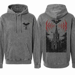 Sweat à capuche zippé personnalisé bordeaux délavé à l'effet minéral pour homme, avec motif graphique chauve-souris origami, style streetwear vieilli, fabricant de sweats à capuche zippés - Product Image 5