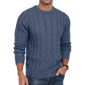 Blue Cable Knit <b>Pullover</b> <b>Sweater</b> Crew Neck Full Sleeve Regular Fit Autumn Knitted Solid Color <b>Sweater</b> - Product Image 4