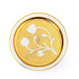Gold Plated Metal Puja Thali Set Round Religious Prayer Tray <b>Kit</b> with Embossed Floral Pattern for Home Wedding Gift - Product Image 2