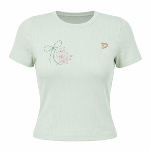 Camiseta Corta Y2K Verde Claro para Mujer, Bordado Floral, Cuello Redondo, Manga Corta, Corte Holgado, Ecológica, Informal, Primavera Verano - Product Image 1
