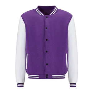 Custom Men's <b>Purple</b> <b>Varsity</b> <b>Jacket</b> Woolen Style White Sleeves Striped Trim Casual Autumn Wear OEM Wholesale Manufacturer - Product Image 1