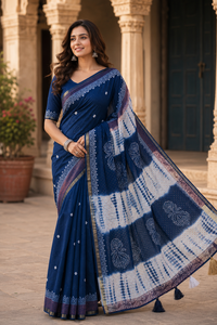 Sari de Algodón Azul Índigo, Sari Tradicional Indio con Estampado Bandhani, Prenda Étnica para Mujer, Sari Shibori Tie Dye con Borlas - Product Image 1