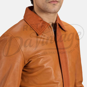 เสื้อแจ็คเก็ตหนังแท้สำหรับผู้ชาย สีแทนและสีคอนยัค หนังแกะแท้ ทรงสลิมฟิต แบบสองสี ซิปหน้า สไตล์แฟชั่น - Product Image 6