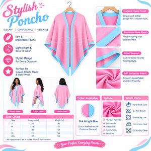 Cosh International Sorority Sisterhood 100% Premium Wool Pink Acrylic <b>Poncho</b> With Light Blue Trim V-Neck Batwing Sleeve Casual - Product Image 6