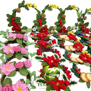 พวงหรีดโครเชต์ทำมือสำหรับเทศกาลคริสต์มาส ประดับดอกไม้ ใบไม้ ผลไม้แห้ง วงหวายธรรมชาติ ตกแต่งบ้านในวันหยุด - Product Image 5