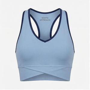 North Approach Women's V-Neck <b>Racerback</b> Sports <b>Bra</b> Solid Light Blue Twist Design Sweat-Wicking Seamless Crop Top - Product Image 1