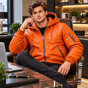 Premium Orange Ostrich <b>Leather</b> Hooded <b>Bomber</b> Jacket – <b>Men</b>’s Embossed <b>Leather</b> Fashion Biker Jacket with Zipper Pockets - Product Image 6