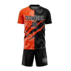 ชุดเสื้อฟุตบอลสั่งทำสีดำส้ม พิมพ์ลายแบบซับลิเมชั่น ระบายเหงื่อได้ดี ระบายอากาศได้ดี ผลิตจากโพลีเอสเตอร์ 100% คอกลม แขนสั้น สำหรับเล่นกีฬา - Product Image 1