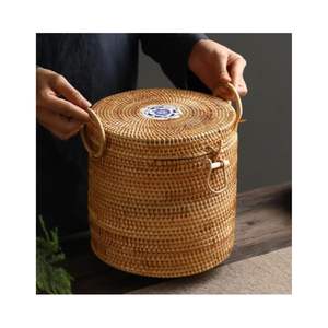 Hand-Woven Natural Rattan Storage Bin with Lid | Decorative Wicker Tea Box Oriental Accent Gift Basket Luxury Decorative Basket - Product Image 1
