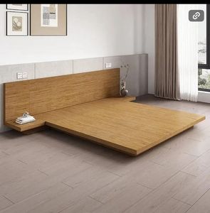 Modern Solid Teak Floating <b>Platform</b> <b>Bed</b> <b>Frame</b> with Integrated Side Shelf Japanese Minimalist Bedroom Furniture - Product Image 1