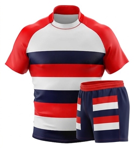 Maillot de rugby rayé rouge, blanc et bleu pour homme, manches courtes, col rond, polyester, ensemble de vêtements de sport respirant - Product Image 1