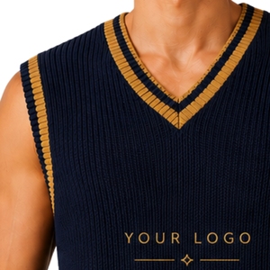 <b>Mens</b> Navy Blue Mustard Contrast Stripe Summer Knit Sweater Vest V Neck <b>Sleeveless</b> <b>Pullover</b> Casual Lightweight Custom Logo OEM - Product Image 6