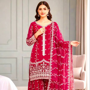 Elegante conjunto de traje de seda con bordado pesado y lentejuelas, completamente cosido, listo para usar, conjunto étnico para la temporada festiva y de bodas. - Product Image 1