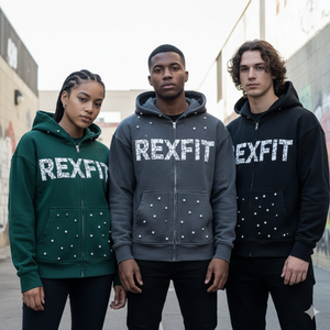 Sudaderas con capucha personalizadas de felpa francesa 100% algodón de alto gramaje, con lavado ácido, serigrafía, pedrería, corte y costura, unisex, con cremallera. - Product Image 1