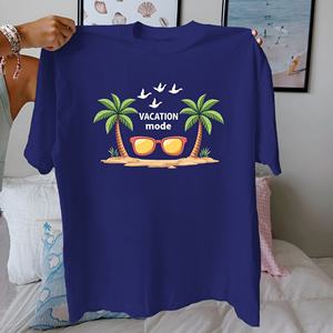Modo de vacaciones Palma tema tropical Camiseta de algodón puro Mujer ajuste cómodo - Product Image 3