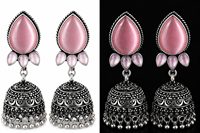 Boucles d'oreilles Jhumka en laiton argenté oxydé avec pierre œil de chat rose |   Boucles d'oreilles pendantes bohèmes vintage faites à la main |   Traditionnel Indien