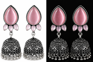 Pink <b>Cat</b> Eye Stone Oxidized Silver Brass Jhumka Earrings | Handmade Vintage Boho Chandelier Earrings | Indian Traditional - Product Image 5