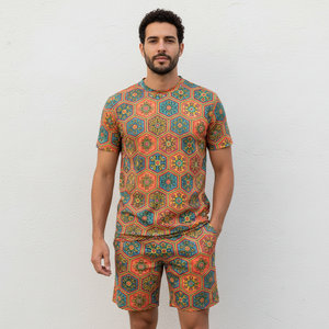 Men's Geometric Printed T-Shirt And <b>Shorts</b> Set Summer Casual Knitted <b>Polyester</b> Outfit - Product Image 1
