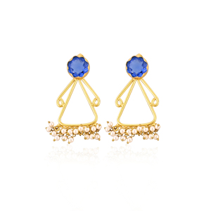 Elegantes Pendientes de Latón con Incrustaciones de Perlas y Piedras Preciosas en Color Azul Tinta, Chapados en Oro, Joyería de Moda Hecha a Mano por Shilpi Impex, Regalo para Mujer - Product Image 1
