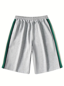 Shorts Bermuda en coton gris pour homme avec bande latérale verte et cordon de serrage, shorts de sport décontractés - Product Image 5