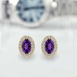 Fournisseur en gros de boucles d'oreilles classiques en améthyste africaine naturelle, boucles d'oreilles halo en or massif 14 carats avec diamants, fournisseur de bijoux en gros - Product Image 5