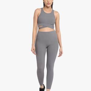 Ensemble de leggings et soutien-gorge de sport respirant, sans couture, écologique, en Spandex/Nylon, couleur unie, longueur intégrale, avec logo frontal et cordon de serrage pour femme - Product Image 1