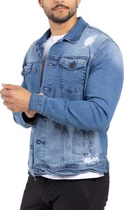 Men's Denim Jacket <b>Light</b> Blue Washed Cotton Casual Turn-down Collar Regular Sleeve Spring Style Frayed Detail - Product Image 5