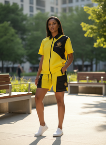 Conjunto Deportivo Urbano para Hombre en Amarillo y Negro con Bloques de Color, Manga Corta, Cierre Frontal con Cremallera, Transpirable, de Poliéster, Ropa Urbana de Verano - Product Image 6