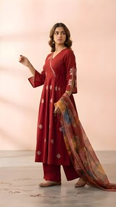 Vestido Anarkali Rojo Bordado para Mujer, Cuello en V, Corte en A, Formal, Diario, Informal, con Chal Floral, Cintura Natural, Absorbe la Humedad - Product Image 3