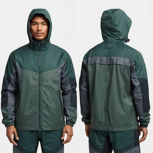 Chaqueta Cortavientos Verde Bosque para Hombre, Suministro de Fábrica, Chaqueta Exterior de Poliéster con Capucha Premium, Diseño Moderno con Paneles, Cuello Alto Largo - Product Image 2