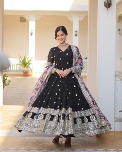 Indian Traditional Wear Faux Georgette Material Embroidery Zari Sequence Work Anarkali Gowns with Tabby Silk Embroidery Dupatta - Product Image 1