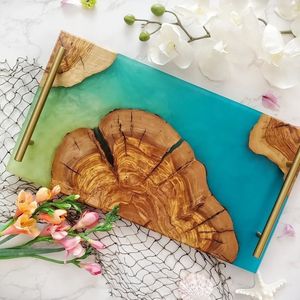 Trendy Resin And Wooden Fusion Tray Perfect For Home <b>Decor</b> Stylish Gifting And Elegant Party Or <b>Kitchen</b> Table Serving - Product Image 3