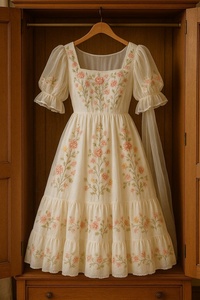 Nuevo Vestido Estilo Cottage Color Crema con Bordado Floral, Mangas Abullonadas de Organza y Largo hasta el Suelo - Product Image 2