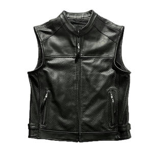 Gilet en cuir de vachette décontracté pour homme, gilet moto en cuir véritable d'hiver avec fermeture éclair et poche 5 dimensions, sans manches - Product Image 1