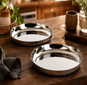 Assiette de service ronde moderne en acier inoxydable, vaisselle en métal poli pour la cuisine - Product Image 6