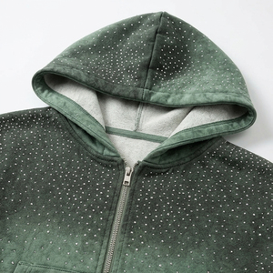 Custom Sublimation <b>Rhinestone</b> Winter <b>Jacket</b> Man Crystal Streetwear Oversized Baggy Applique Patch Zip up Hoodie 100% Cotton - Product Image 4
