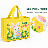Sacs de courses réutilisables en tissu non tissé à imprimé lapin de Pâques jaune rayé et poussins, personnalisables avec logo, vente en gros