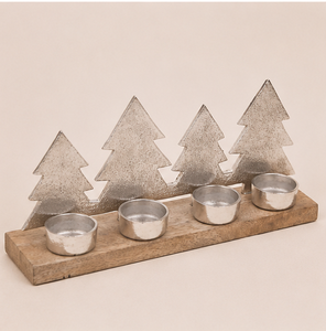 Handmade Christmas Metal Pine <b>Tree</b> Tea Light Candle Holder With Rustic Wooden Base 4-Cup Silver Aluminum <b>Tabletop</b> Centerpiece - Product Image 3