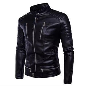 Custom Slim Fit <b>Men's</b> Black PU Faux Leather Motorcycle Biker <b>Jacket</b> Multi-Zip Stand Collar Streetwear Fashion Autumn Outerwear - Product Image 3