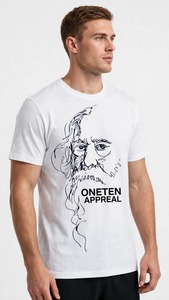 ONETEN APPAREL T-shirt blanc à manches courtes pour homme, col rond, imprimé avec des lignes abstraites de visage - Product Image 5