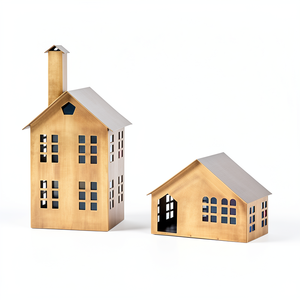 Best Selling Vintage Hut Shaped With Chimney Design Wooden Lantern Wooden Shine House Candle Holder Table <b>top</b> Living Room Decor - Product Image 2