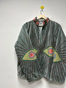 Chaqueta de terciopelo verde salvia de lujo con bordado de ojo turco multicolor, cuello alto, manga larga, ropa exterior de otoño para mujer - Product Image 3