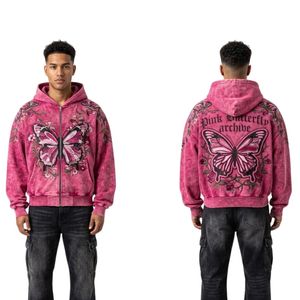 Sudadera con capucha y cremallera personalizada con gráfico de mariposa rosa, lavado ácido, de algodón y felpa, estilo audaz, alternativo, streetwear y utilitario. - Product Image 3