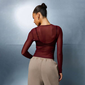 Camiseta de malla de manga larga con cuello redondo y ajuste ceñido para mujer, 100% algodón transpirable, venta al por mayor, sexy, de verano - Product Image 6