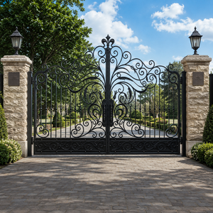 Ornate Black Wrought Iron Double Swing Driveway Gate <b>Decorative</b> Scrollwork Villa Entrance Gate for Home Security - Product Image 1