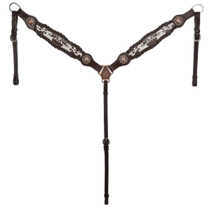 Conjunto de arreos western para caballo de primera calidad, hecho a mano y genuino, con ceñidor, cabezada, pechopetral y riendas con superposición de piel de vaca estampada Rangehide. - Product Image 3