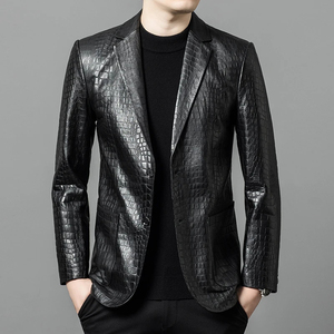 Men Black Embossed Leather <b>Blazer</b> Single Breasted Notched Collar Regular Fit Full Length Sleeve British Style Jacket - Product Image 1