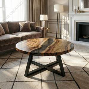 Table basse ronde en bois et résine moderne rustique, résine époxy noire transparente - Product Image 2